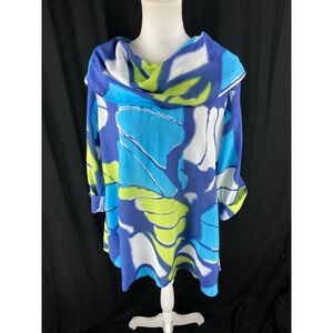 Yushi Womens S Cowlneck Tunic Blouse‎ 3/4 Sleeve Artsy Art to Wear Colorblock